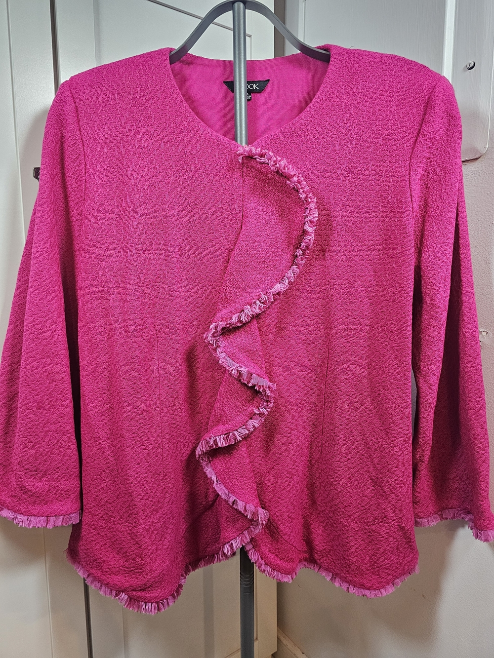 Misook Hot Pink Knit Ruffle Fringe Trim Hook-and-Eye Cardigan Jacket Size XL